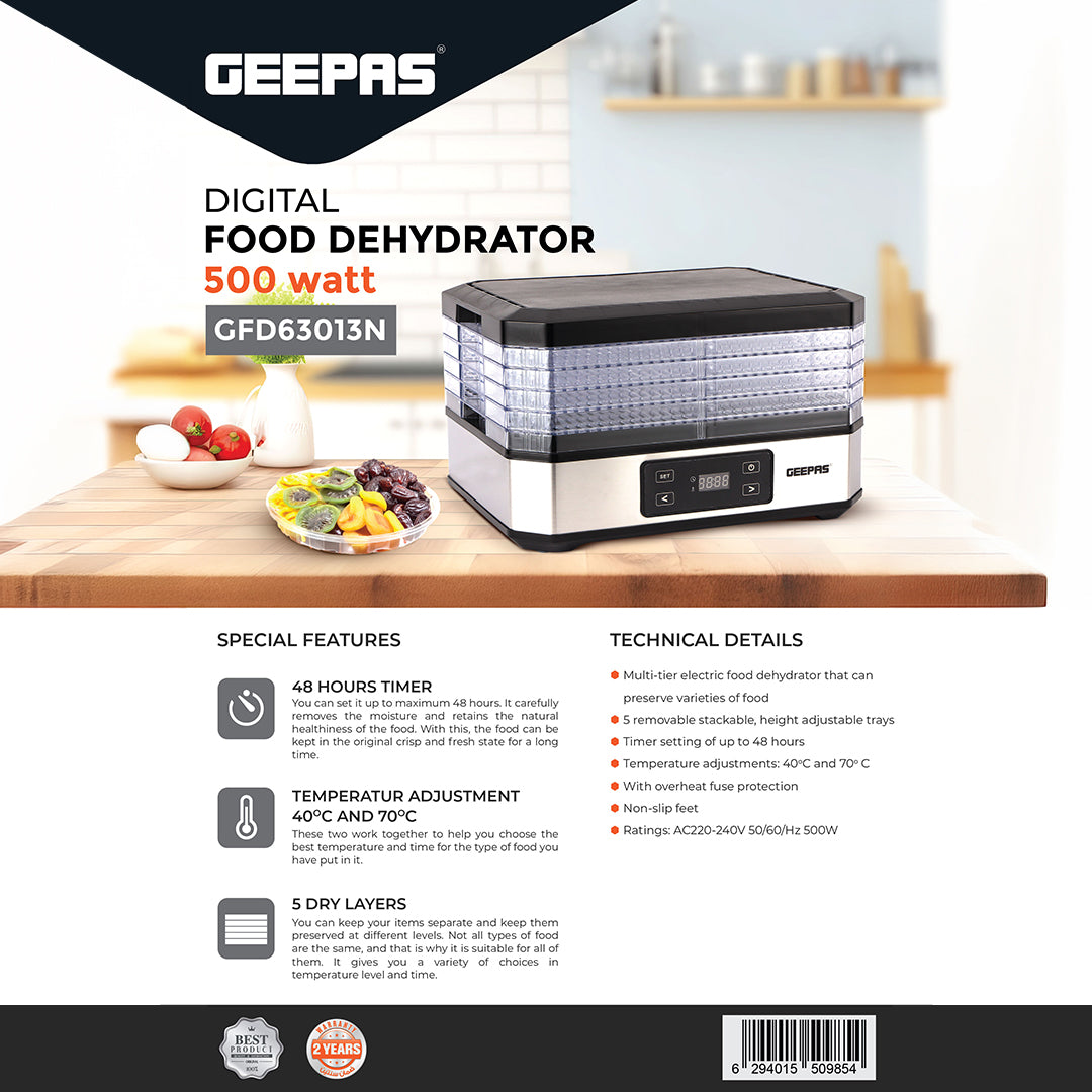 Geepas Digital Food Dehydrator GFD63013UK | 500W  | 5 Stackable Trays | Adjustable Temperature |48H Timer |Perfect for Preserving Fruits, Vegetables Etc |2 Years Warranty