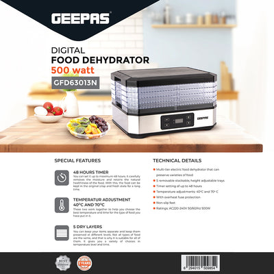 Geepas Digital Food Dehydrator GFD63013UK | 500W  | 5 Stackable Trays | Adjustable Temperature |48H Timer |Perfect for Preserving Fruits, Vegetables Etc |2 Years Warranty