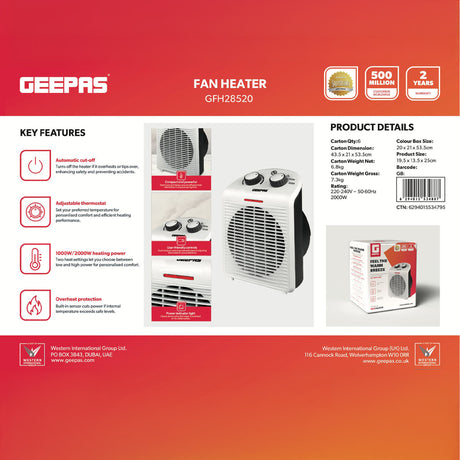 Geepas GFH28520 Fan Heater | 2000W Portable Room Heater | Adjustable Thermostat | Cool, Warm & Hot Air Modes | Automatic Safety Cut-Off  | Overheat Protection |