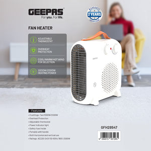 Geepas Fan Heater GFH28547 |3 Modes: Cool, Warm & Hot Wind |2 Power Options: 1000W/2000W |Adjustable Thermostat, Safety Fuse |Ideal for Homes & Offices | 2-Year Warranty