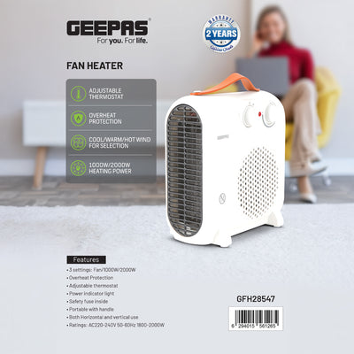 Geepas Fan Heater GFH28547 |3 Modes: Cool, Warm & Hot Wind |2 Power Options: 1000W/2000W |Adjustable Thermostat, Safety Fuse |Ideal for Homes & Offices | 2-Year Warranty