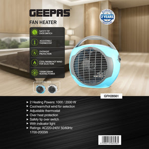 Geepas GFH28561 Fan Heater | Adjustable Thermostat | Safety Tip-Over Switch | Overheat Protection & Dual Heat Settings 1000W/2000W for Home & Office Winter Heating