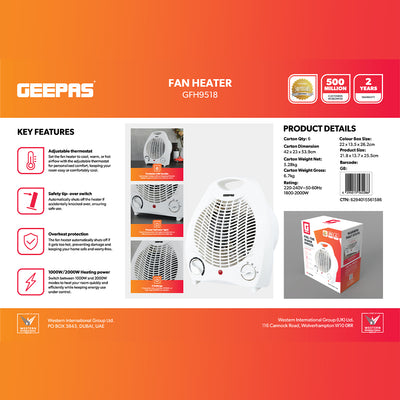 Geepas GFH9518 Fan Heater | 2000W/1000W Dual Heating Power with Adjustable Thermostat| Power Indicator Light | Overheat Protection | Portable Design | 2 Years Warranty