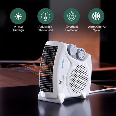 Geepas GFH9520 2000W Fan Heater | Adjustable Thermostat| Cool/Warm/Hot Wind Selection| Instant Heating| Overheat Protection| Power Indicator Light|  2 Years Warranty