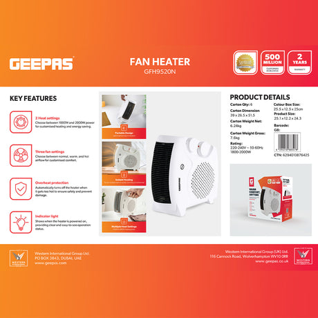 Geepas GFH9520 Fan Heater 2000W | Portable Room Heater with Adjustable Thermostat | Dual Heat Setting  | Three Airflow Modes | Instant Heating |Overheat Protection