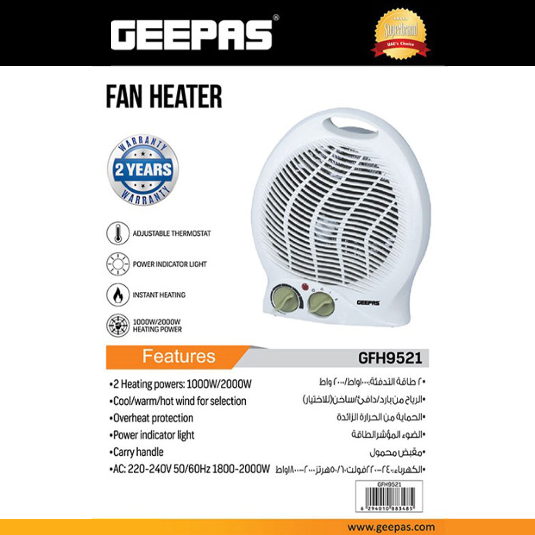 Geepas GFH9521 Fan Heater | 1000W/2000W Adjustable Thermostat| Cool/Warm/Hot Air Selection| Overheat Protection| Power Indicator Light & Carry Handle | 2 Years Warranty
