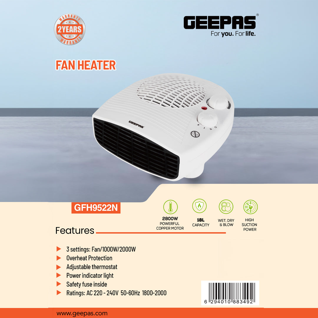 Geepas GFH9522 2000W Fan Heater | 3 Heat Settings Fan/1000W/2000W| Adjustable Thermostat| Powerful Copper Motor| Overheat Protection | Safety Fuse | 2 Years Warranty