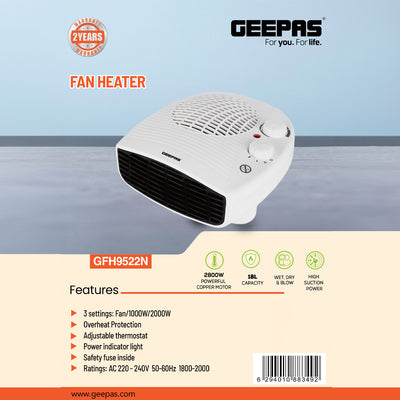 Geepas GFH9522 2000W Fan Heater | 3 Heat Settings Fan/1000W/2000W| Adjustable Thermostat| Powerful Copper Motor| Overheat Protection | Safety Fuse | 2 Years Warranty