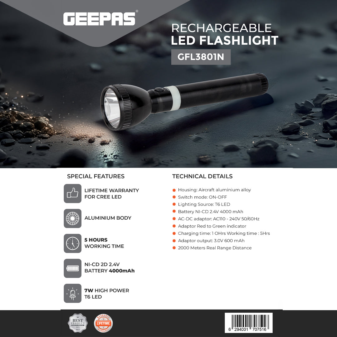 Geepas GFL3801 Rechargeable LED Flashlight | T6 LED, 4000mAh Battery | 5 hours working  | Aircraft-grade aluminium housing | charging status indicator |Lifetime warranty