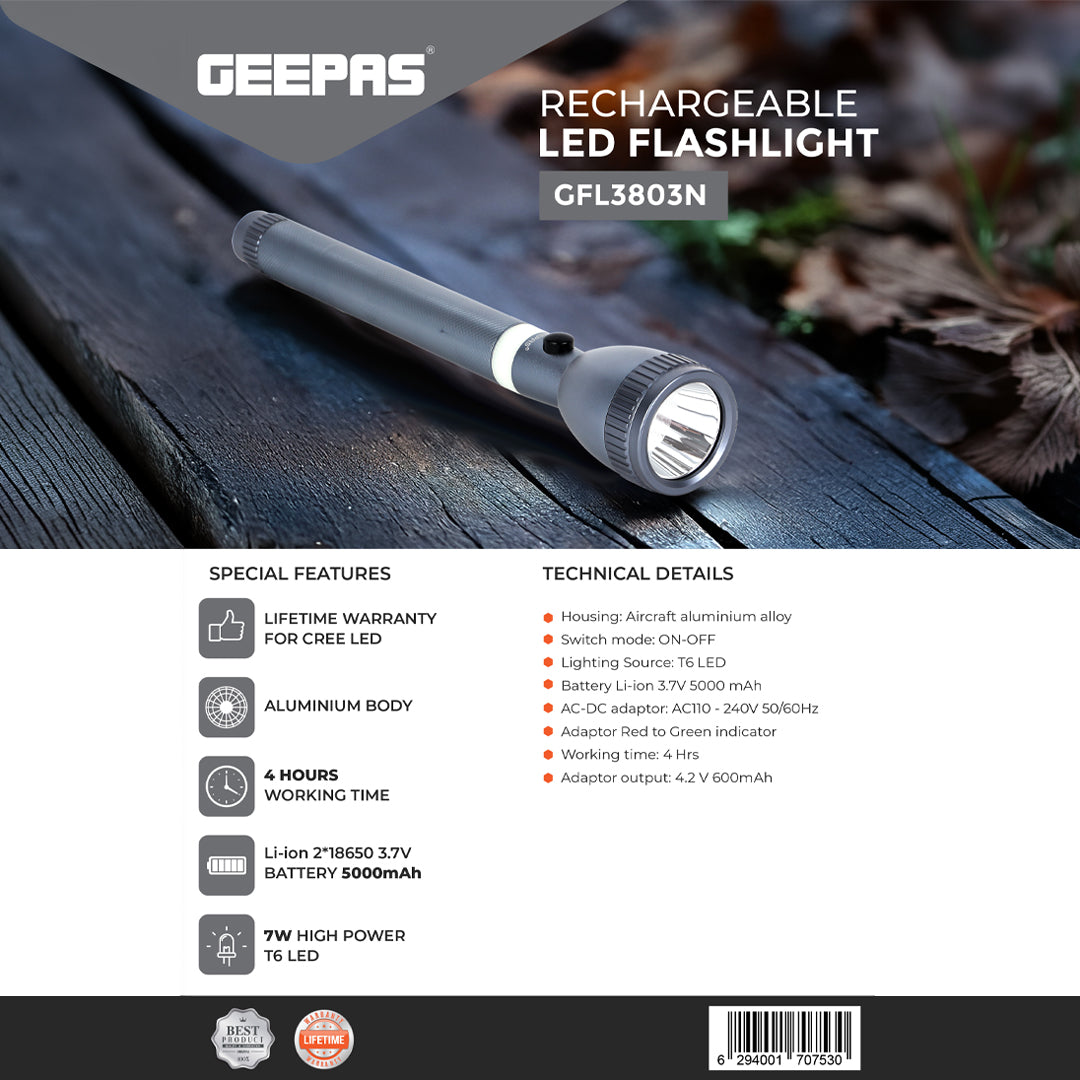 Geepas GFL3803 Rechargeable LED Flashlight |  T6 LED | Aluminum Body | 5000mAh rechargeable Li-ion battery  | aircraft-grade aluminum alloy housing | ergonomic design