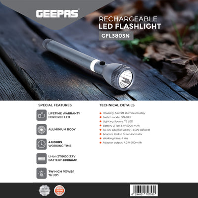 Geepas GFL3803 Rechargeable LED Flashlight |  T6 LED | Aluminum Body | 5000mAh rechargeable Li-ion battery  | aircraft-grade aluminum alloy housing | ergonomic design