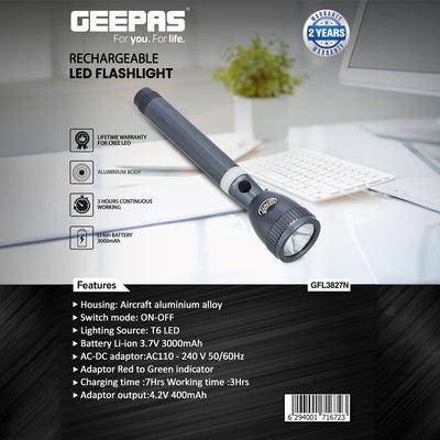 Geepas GFL3827 Rechargeable LED Flashlight | T6 LED | 3000mAh Lithium Battery | Aircraft-Grade Aluminium Alloy Body | Smart Charging Indicator |Lifetime CREE LED Warranty