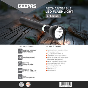 Geepas GFL3858 Rechargeable LED Flashlight | 10W HP50 LED | 6000mAh Battery | 2000m Beam Range | Up to 6 hours working time | Aircraft-grade aluminium construction