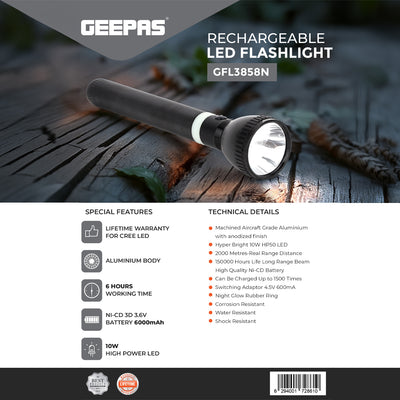 Geepas GFL3858 Rechargeable LED Flashlight | 10W HP50 LED | 6000mAh Battery | 2000m Beam Range | Up to 6 hours working time | Aircraft-grade aluminium construction
