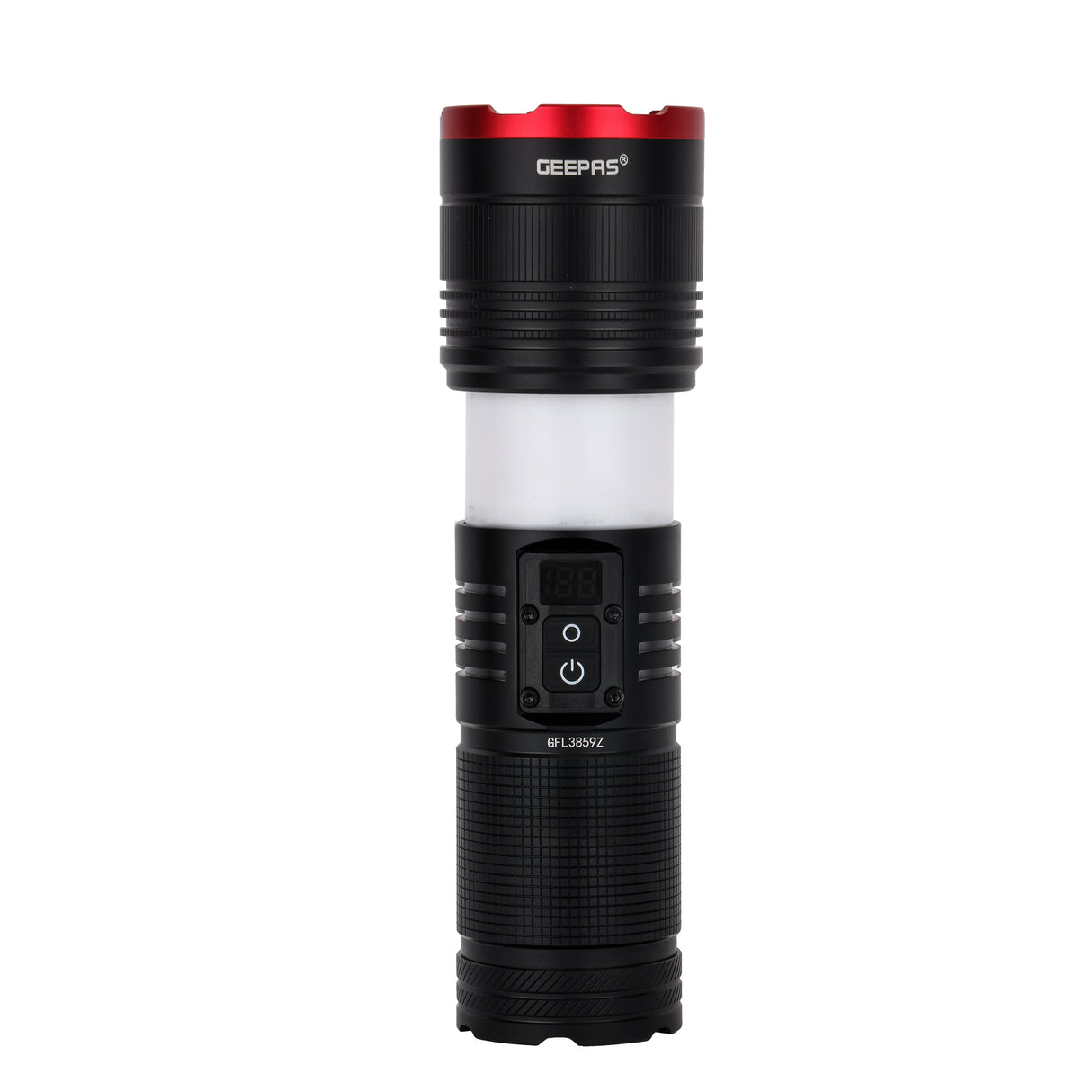Geepas GFL3859 Zoomable LED Flashlight with Powerbank & Camping Light | Digital Display | 3000 Lumens High Power LED |10000mAh Battery |  Type-C Charging & Emergency Use