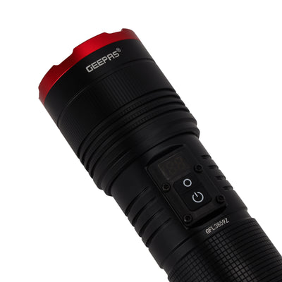 Geepas GFL3859 Zoomable LED Flashlight with Powerbank & Camping Light | Digital Display | 3000 Lumens High Power LED |10000mAh Battery |  Type-C Charging & Emergency Use