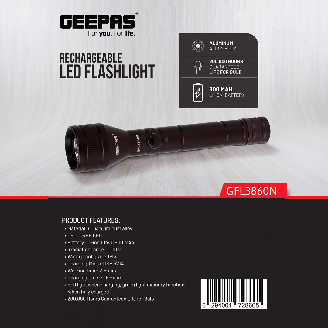 Geepas GFL3860 Rechargeable LED Flashlight |  1000m Beam Range |  CREE LED |  IP64 Waterproof |  Durable 6063 aluminum alloy | Rechargeable 800mAh Li-ion battery