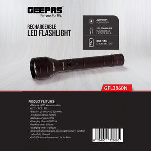 Geepas GFL3860 Rechargeable LED Flashlight |  1000m Beam Range |  CREE LED |  IP64 Waterproof |  Durable 6063 aluminum alloy | Rechargeable 800mAh Li-ion battery
