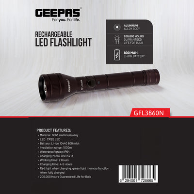 Geepas GFL3860 Rechargeable LED Flashlight |  1000m Beam Range |  CREE LED |  IP64 Waterproof |  Durable 6063 aluminum alloy | Rechargeable 800mAh Li-ion battery
