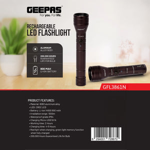 Geepas GFL3861 Rechargeable LED Flashlight | CREE LED | 1000m Beam Range | IP64 Waterproof | Durable 6063 aluminum alloy body | Rechargeable 14500 Li-ion battery