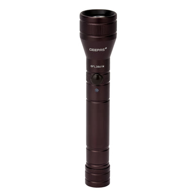 Geepas GFL3861 Rechargeable LED Flashlight | CREE LED | 1000m Beam Range | IP64 Waterproof | Durable 6063 aluminum alloy body | Rechargeable 14500 Li-ion battery