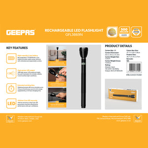Geepas GFL3869 Rechargeable LED Flashlight | 10W High Power LED | 6000mAh Li-Ion Battery | Aircraft-grade aluminium body | Bright & focused illumination | Durable Design