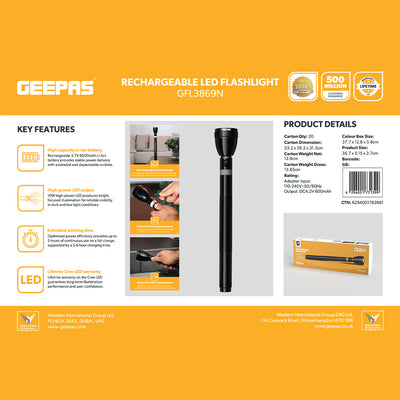 Geepas GFL3869 Rechargeable LED Flashlight | 10W High Power LED | 6000mAh Li-Ion Battery | Aircraft-grade aluminium body | Bright & focused illumination | Durable Design