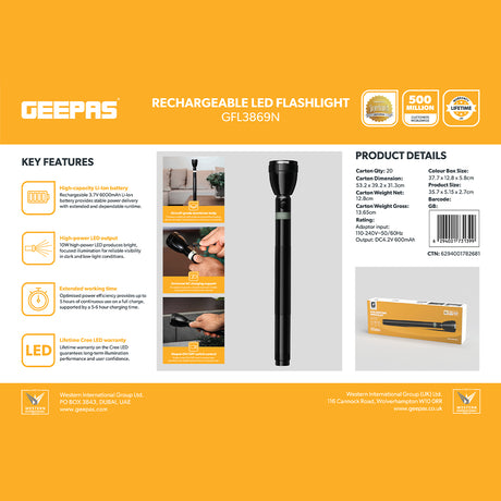 Geepas GFL3869 Rechargeable LED Flashlight | 10W High Power LED | 6000mAh Li-Ion Battery | Aircraft-grade aluminium body | Bright & focused illumination | Durable Design