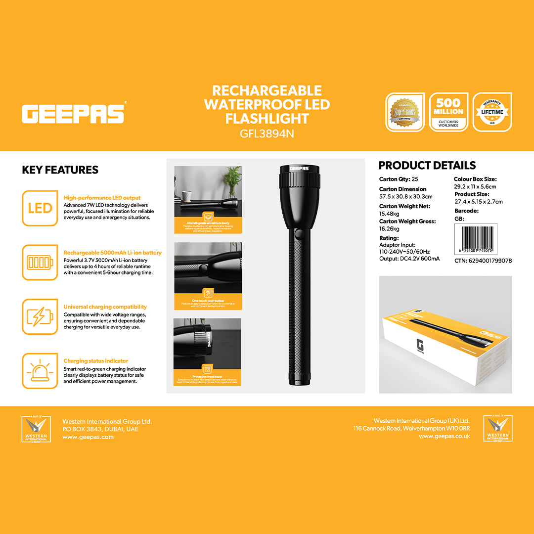 Geepas GFL3894 Rechargeable Waterproof LED Flashlight | 7W LED | 5000mAh Li-Ion Battery | Aircraft-grade aluminium body | Up to 4 hours s working | One-touch push button