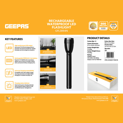 Geepas GFL3894 Rechargeable Waterproof LED Flashlight | 7W LED | 5000mAh Li-Ion Battery | Aircraft-grade aluminium body | Up to 4 hours s working | One-touch push button