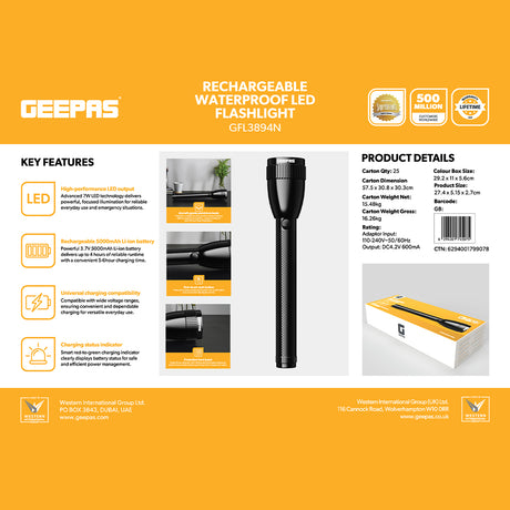 Geepas GFL3894 Rechargeable Waterproof LED Flashlight | 7W LED | 5000mAh Li-Ion Battery | Aircraft-grade aluminium body | Up to 4 hours s working | One-touch push button