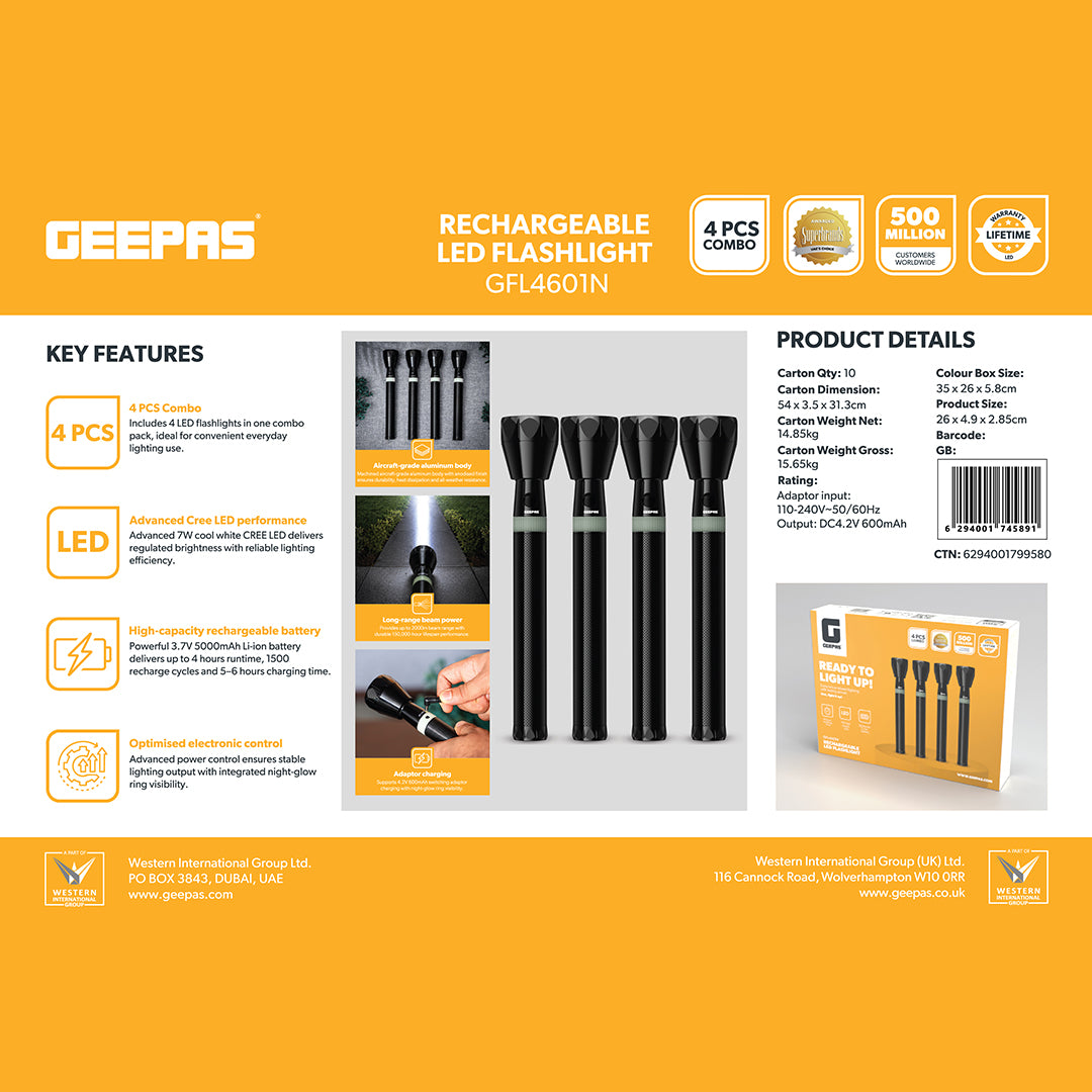 Geepas GFL4601 Rechargeable LED Flashlight 4PCS Combo | 7W CREE LED | 5000mAh Battery | 2000m Beam Range | Aircraft-grade aluminium body | Stable &regulated light output
