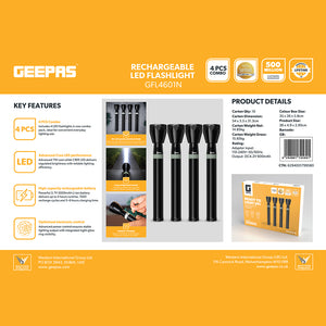 Geepas GFL4601 Rechargeable LED Flashlight 4PCS Combo | 7W CREE LED | 5000mAh Battery | 2000m Beam Range | Aircraft-grade aluminium body | Stable &regulated light output