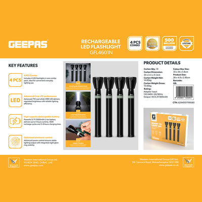 Geepas GFL4601 Rechargeable LED Flashlight 4PCS Combo | 7W CREE LED | 5000mAh Battery | 2000m Beam Range | Aircraft-grade aluminium body | Stable &regulated light output