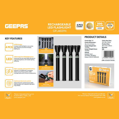 Geepas GFL4601 Rechargeable LED Flashlight 4PCS Combo | 7W CREE LED | 5000mAh Battery | 2000m Beam Range | Aircraft-grade aluminium body | Stable &regulated light output