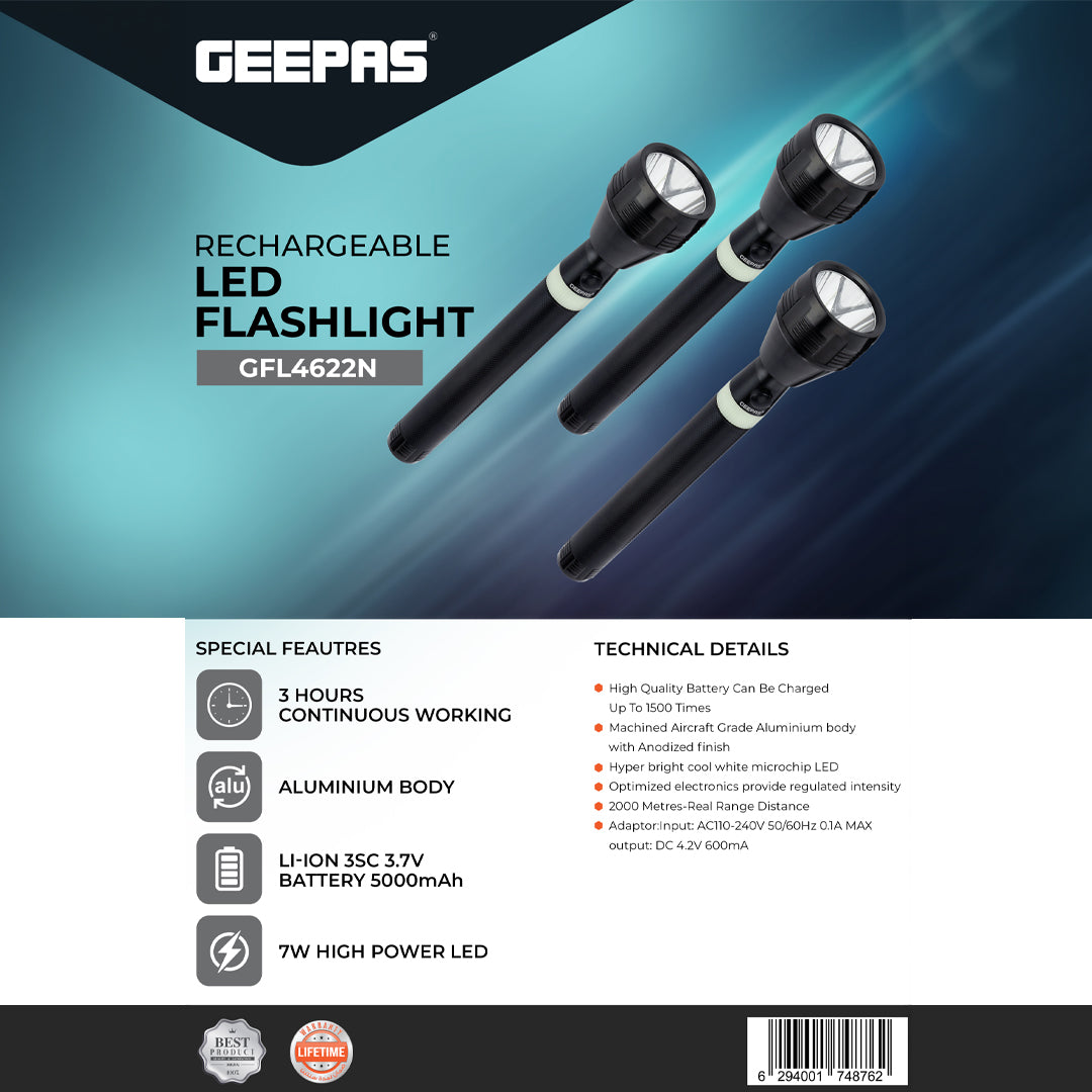 Geepas GFL4622 Rechargeable LED Flashlight | 7W High Power LED | 5000mAh Battery | Aircraft-grade aluminium body | Up to 3 hours working time | Lifetime LED warranty