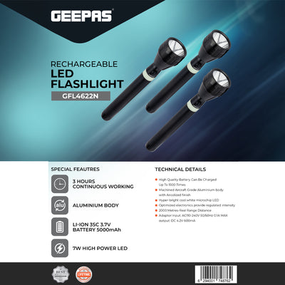 Geepas GFL4622 Rechargeable LED Flashlight | 7W High Power LED | 5000mAh Battery | Aircraft-grade aluminium body | Up to 3 hours working time | Lifetime LED warranty