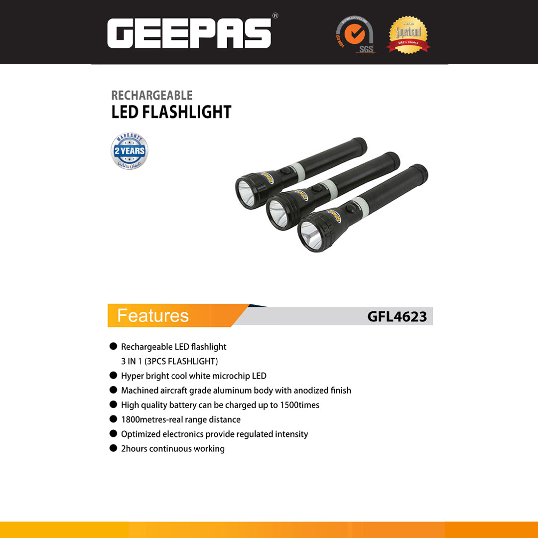 Geepas GFL4623 Rechargeable LED Flashlight 3-in-1 Combo | Aircraft Aluminium Torch | Long-Range Illumination | Aircraft-Grade Aluminium Construction | 2 Hours Runtime