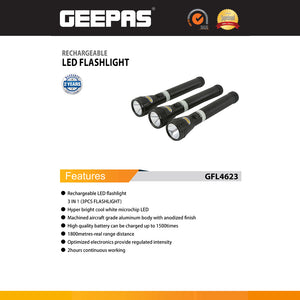 Geepas GFL4623 Rechargeable LED Flashlight 3-in-1 Combo | Aircraft Aluminium Torch | Long-Range Illumination | Aircraft-Grade Aluminium Construction | 2 Hours Runtime