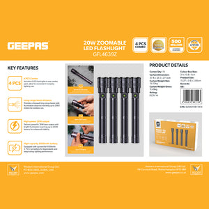 Geepas GFL4639 20W Zoomable LED Flashlight 4PCS Combo | Rechargeable Torch |Up to 2000-Meter Beam Distance | 6000mAh Rechargeable Li-ion Battery | USB Type-C Charging