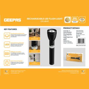Geepas GFL4641 Rechargeable LED Flashlight 7W | 3000mAh Li-Ion Battery | Aircraft-Grade Aluminium Torch | Compact and ergonomic design |One-touch push button operation