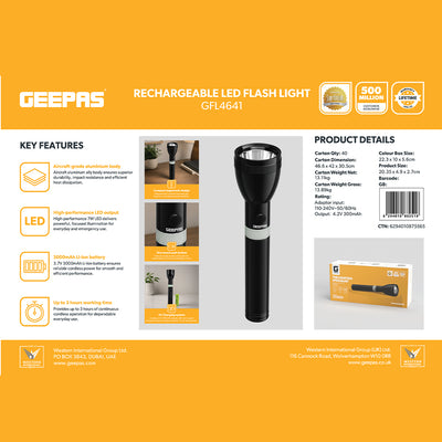 Geepas GFL4641 Rechargeable LED Flashlight 7W | 3000mAh Li-Ion Battery | Aircraft-Grade Aluminium Torch | Compact and ergonomic design |One-touch push button operation