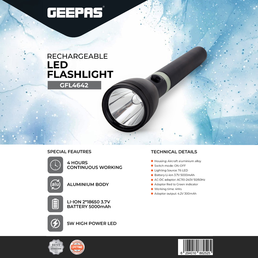 Geepas GFL4642 Rechargeable LED Flashlight | 5W High-Power LED | 5000mAh Li-Ion Battery | aircraft-grade aluminium body | Lightweight & portable | Lifetime LED warranty