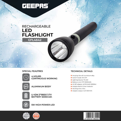 Geepas GFL4642 Rechargeable LED Flashlight | 5W High-Power LED | 5000mAh Li-Ion Battery | aircraft-grade aluminium body | Lightweight & portable | Lifetime LED warranty