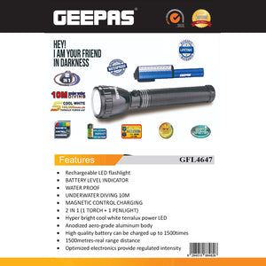 Geepas GFL4647 Rechargeable LED Flashlight | Waterproof Diving Torch | 2-in-1 Torch & Penlight | 1500-Meter Beam Distance |Battery Level Indicator | Durable Design