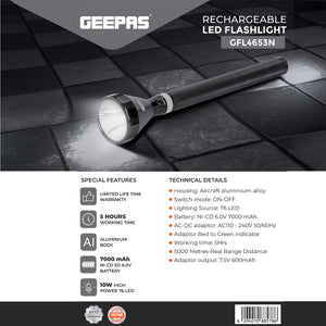 Geepas GFL4653 Rechargeable LED Flashlight | 10W T6 LED | 7000mAh Battery | Long Range Torch | 5 hours working time | Aircraft-grade aluminum alloy body | AC/DC charging