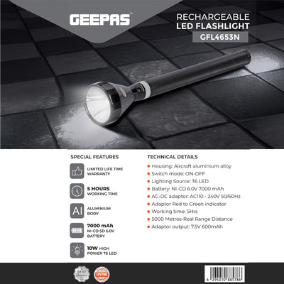 Geepas GFL4653 Rechargeable LED Flashlight | 10W T6 LED | 7000mAh Battery | Long Range Torch | 5 hours working time | Aircraft-grade aluminum alloy body | AC/DC charging