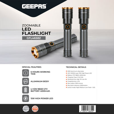 Geepas GFL4658 Zoomable LED Flashlight | 1500 Lumens Brightness| 4000mAh Rechargeable Battery Torch| 6 Hours Working | USB Type-C Fast Charging | Strong Aluminium Body