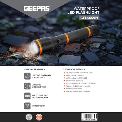 Geepas GFL4659 Waterproof Rechargeable LED Flashlight | CREE LED | 800mAh Battery | Up to 1.5 hours working | Charging status indicator | Durable and lightweight design