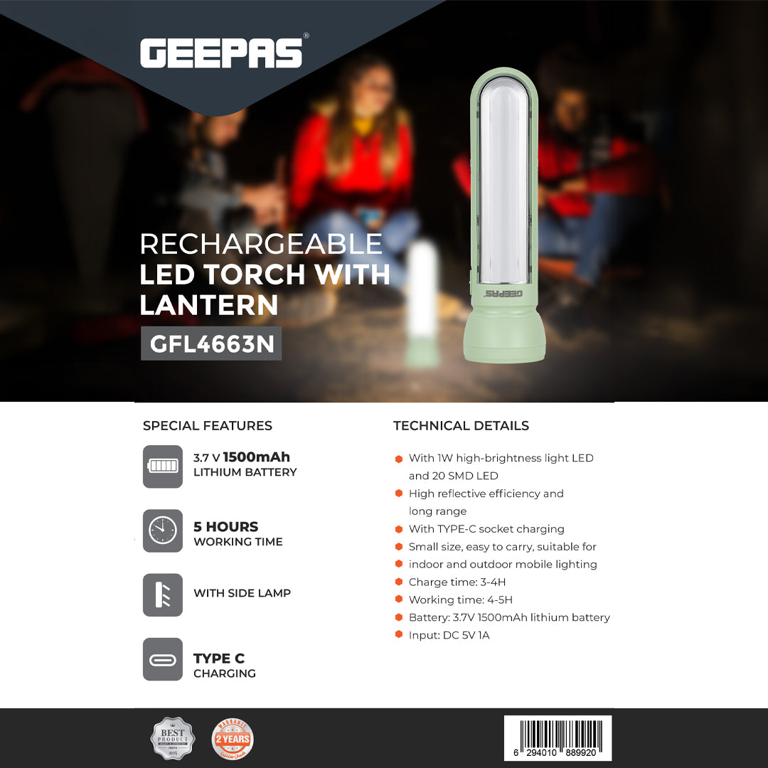Geepas GFL4663 Rechargeable LED Torch with Lantern | Type-C Charging | 1500mAh Lithium Battery | 5 hours working |Lightweight & portable | High reflective efficiency